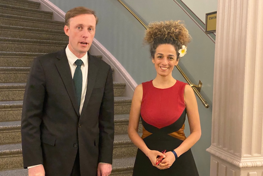 Masih Alinejad with Jake Sullivan, national security adviser to US President Joe Biden, in 2021.