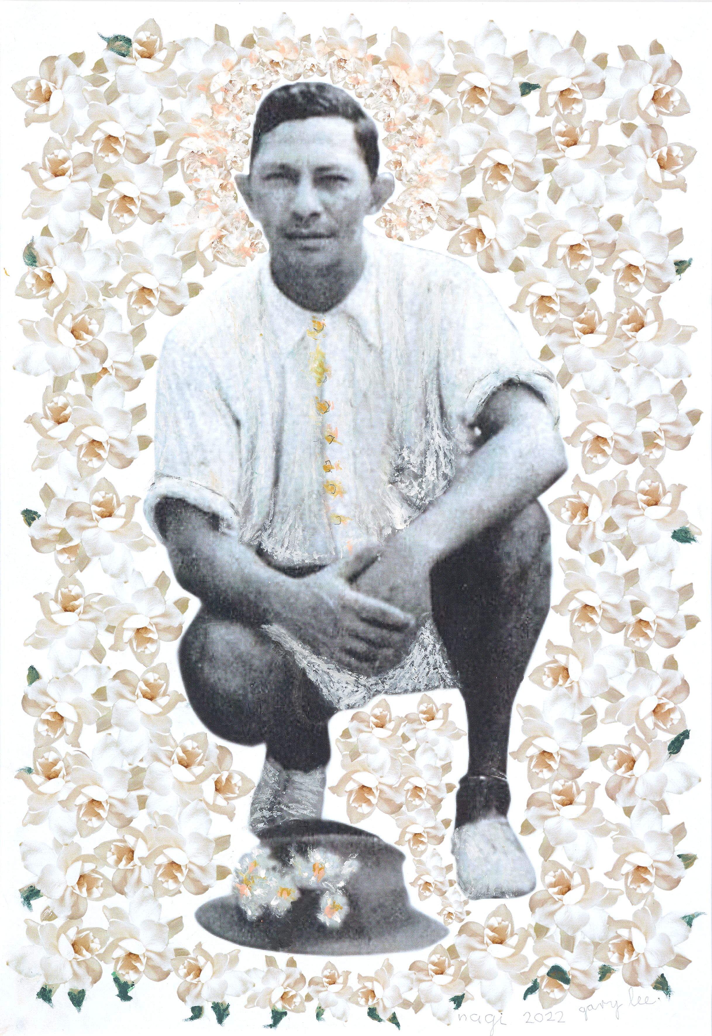 A black and white photo of a man, with a collage of flowers edited into the background.
