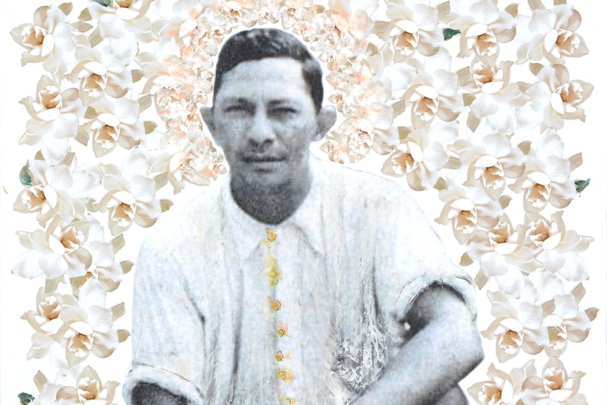 A black and white photo of a man, with a collage of flowers edited into the background.