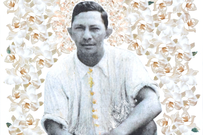 A black and white photo of a man, with a collage of flowers edited into the background.