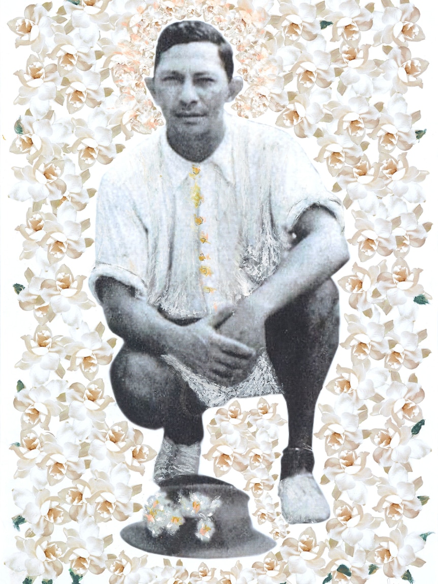 A black and white photo of a man, with a collage of flowers edited into the background.