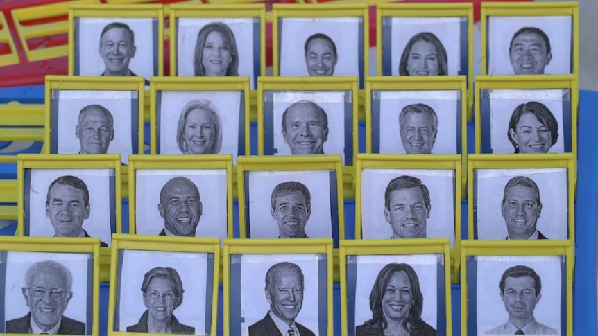 Headshots of political candidates are lined up in rows inside the picture frames of a board game.