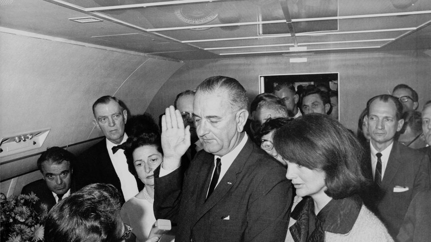 US President Lyndon Johnson at his midflight inauguration ceremony