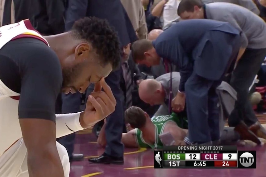 Screengrab of Gordon Hayward being attended to after breaking leg