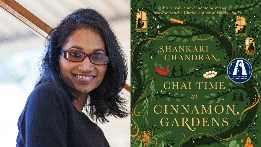 Headshot of Shankari Chandran on the left, book cover on the right