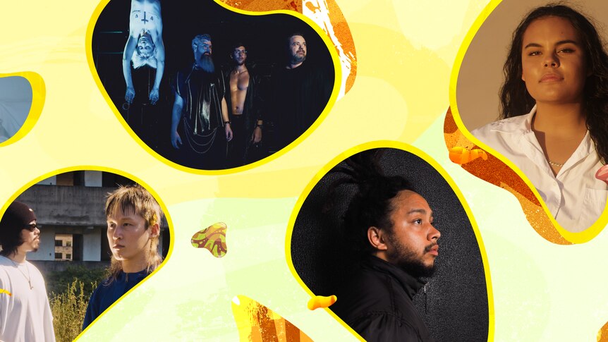 Graphic of multiple SXSW artists in bubble cutouts with a yellow and brown background.