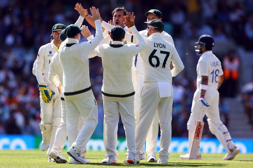 Male Test cricketers run towards the bowler in celebration, after he took a wicket.