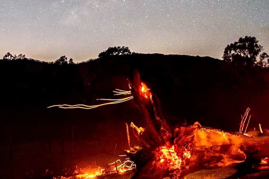 A campfire at night, with the milky way above.