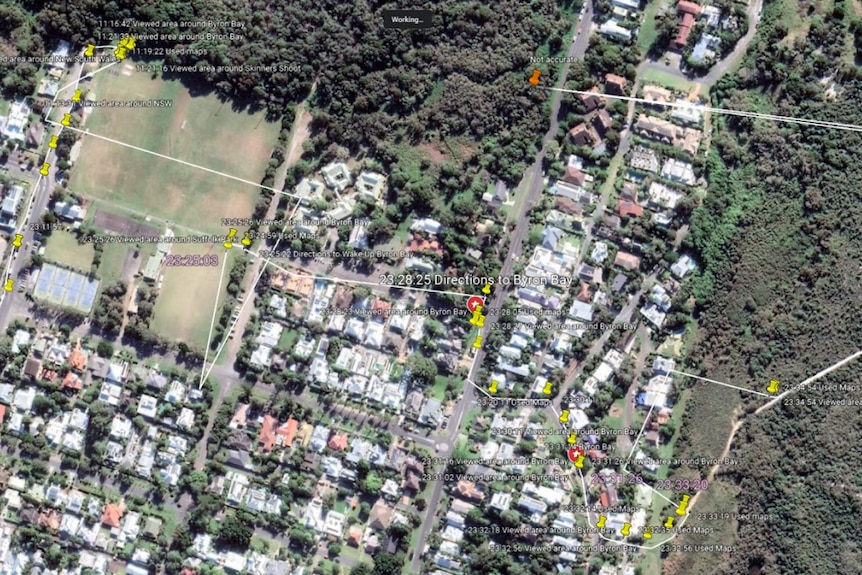 A satellite map with red and yellow markers. Half suburban, half bush.