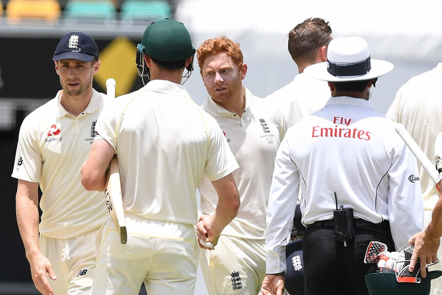 Cameron Bancroft shakes hands with Jonny Bairstow on the field after the match.