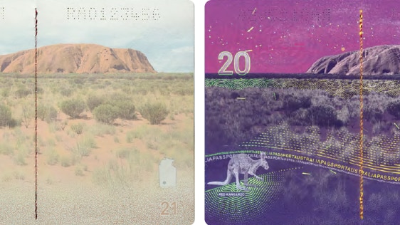 Side by side photos of the new Australian R Series passport features a photo of a landscape at day and night
