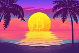 Vector illustration of giant bitcoin setting between two palm trees.