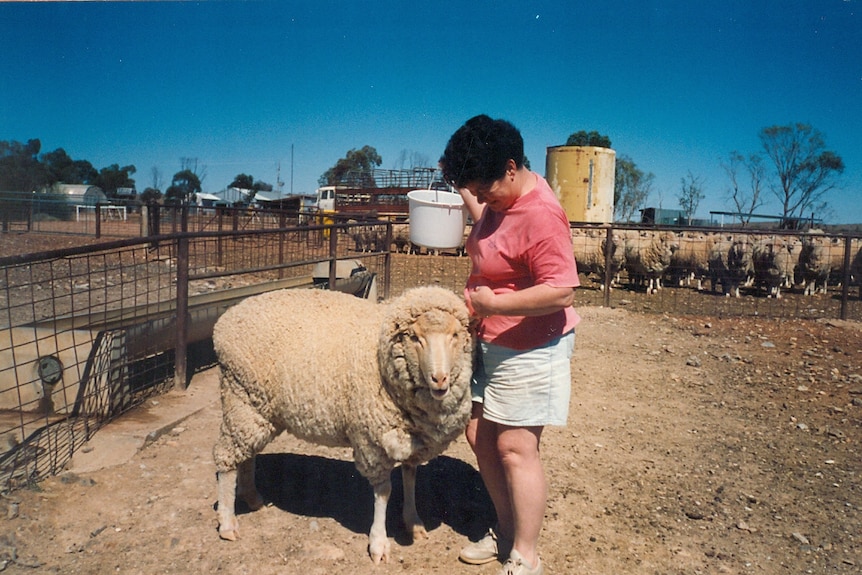 Christine Adams with a sheep at Fowlers Gap in the 1990s.