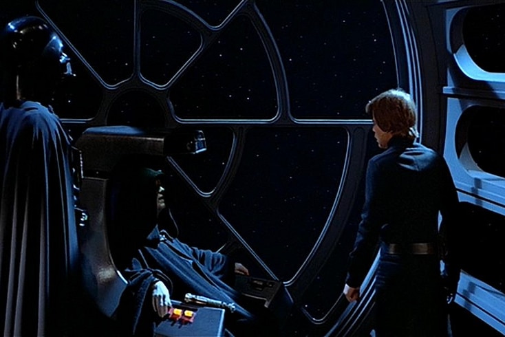 Darth Vader and the Emperor with Luke Skywalker in the throne room on the Death Star