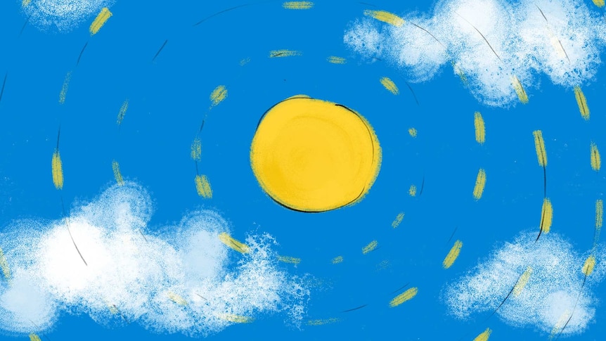 Drawing of a hot sun in a blue sky