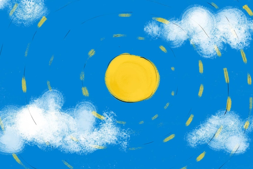 Drawing of a hot sun in a blue sky