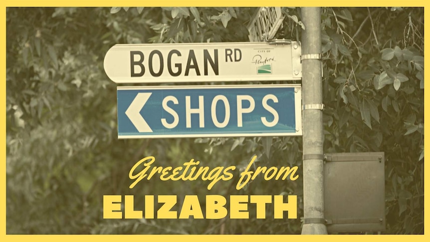 A street sign saying Bogan Rd with the words Greetings from Elizabeth below it, as though it is a postcard