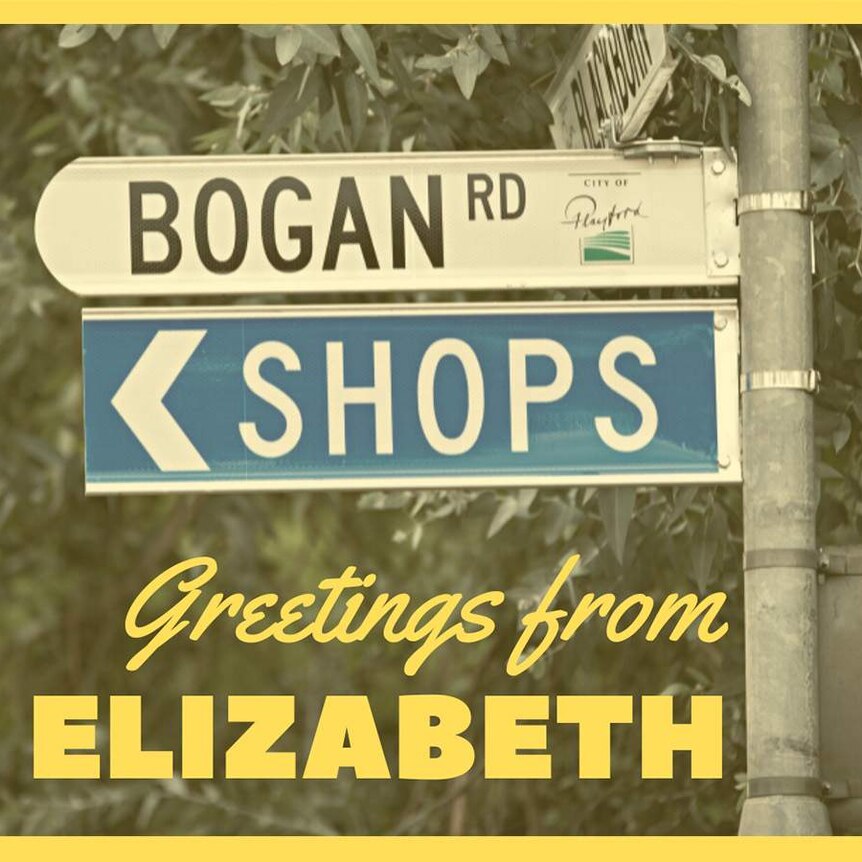 A street sign saying Bogan Rd with the words Greetings from Elizabeth below it, as though it is a postcard