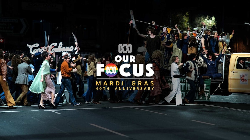 ABC Our Focus Mardi Gras logo over still from telemovie RIOT