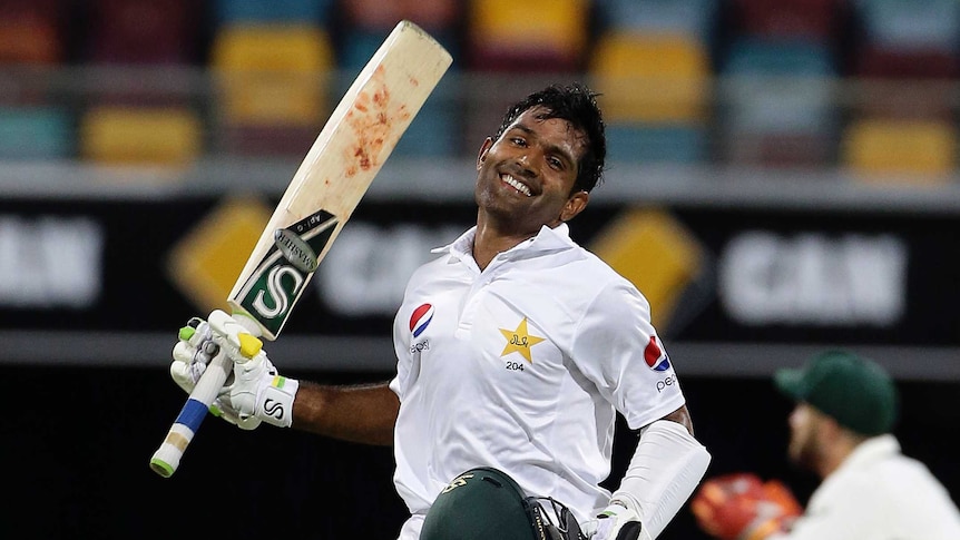 Asad Shafiq celebrates his ton at the Gabba