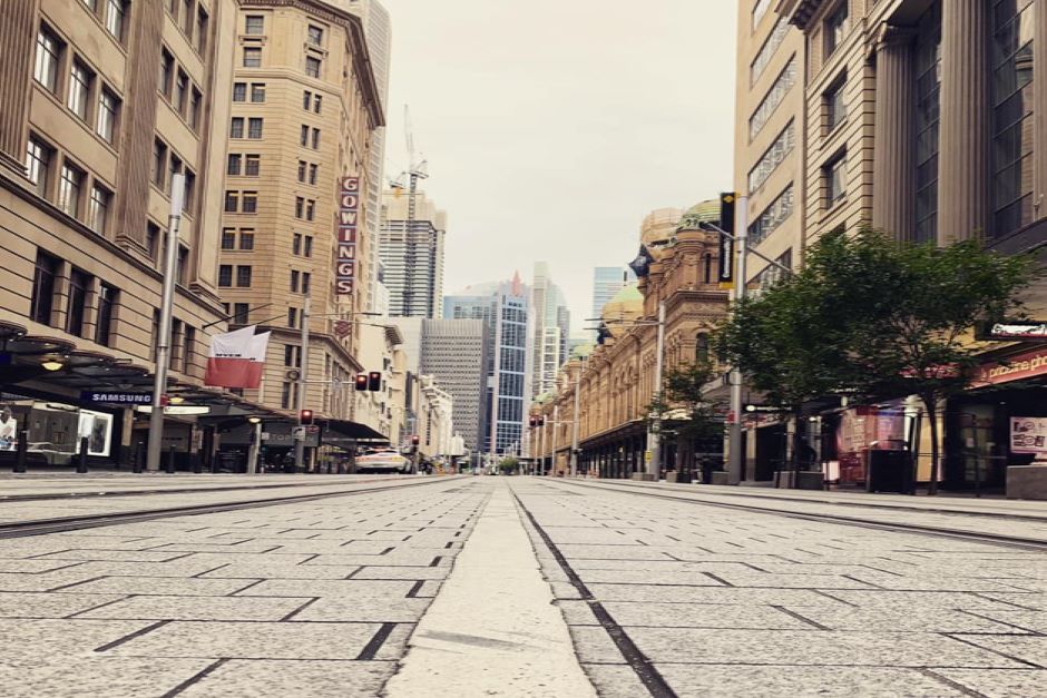 George Street, Sydney, empty street with one taxi in the distance