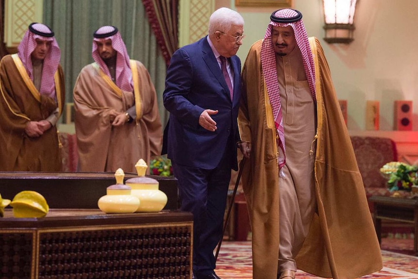 Saudi King Salman receives Palestinian President Mahmoud Abbas.