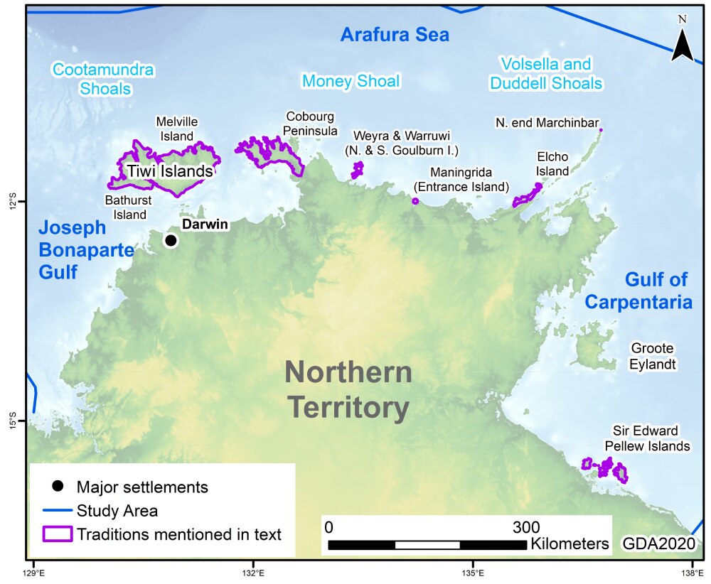 Map of the Top End of the Northern Territory with coastlines of potential archaeological interest picked out in pink