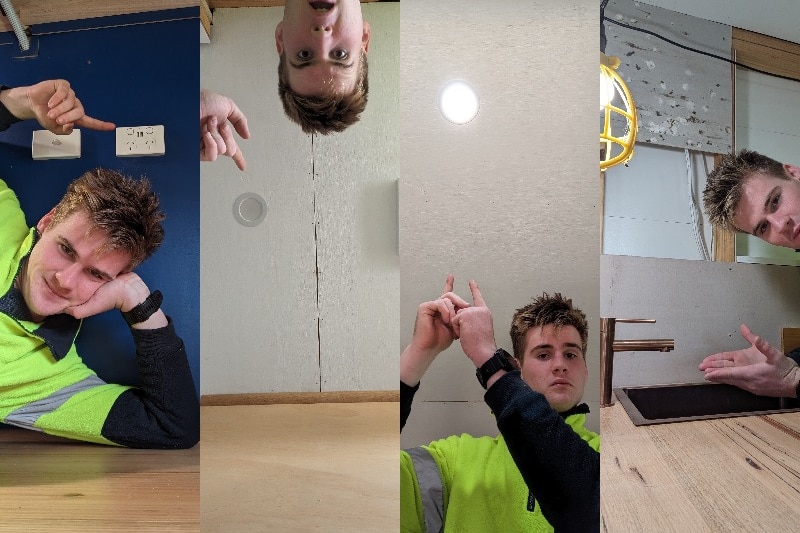 Four different pictures of a young man in hi-vis pointing out different electrical fittings