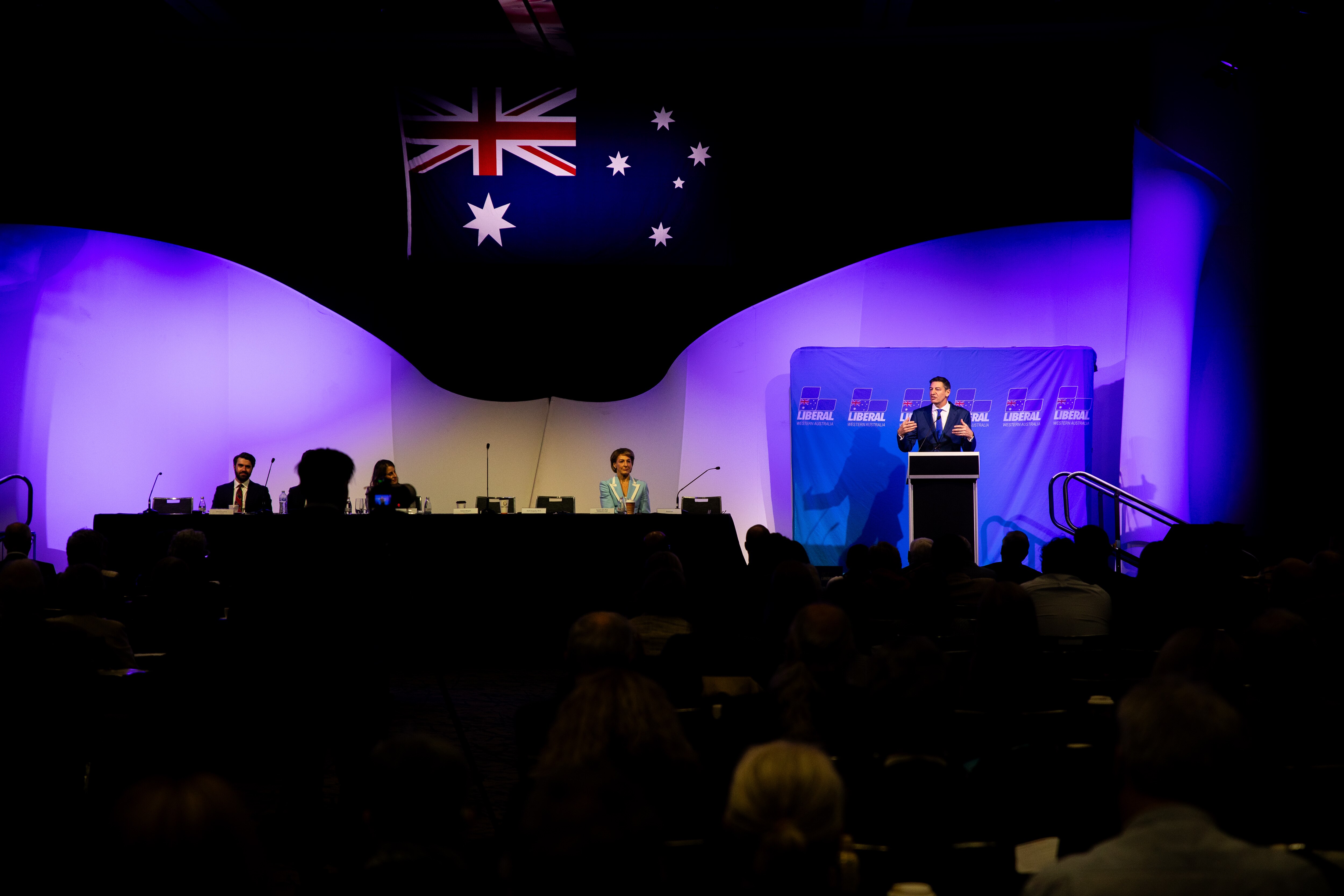 A wide shot of Basil Zempilas speaking at the WA Liberals state conference.