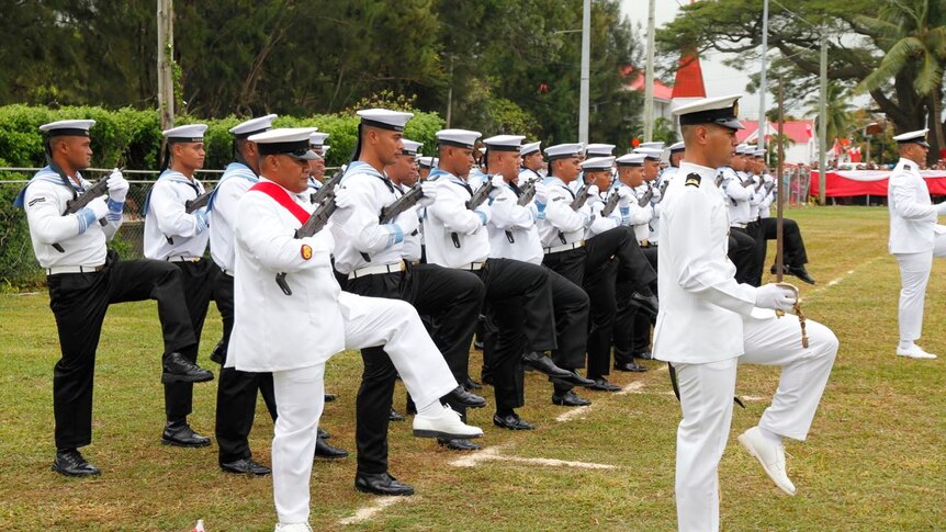 Navy marching at the King Tupou's military parade in Tonga.