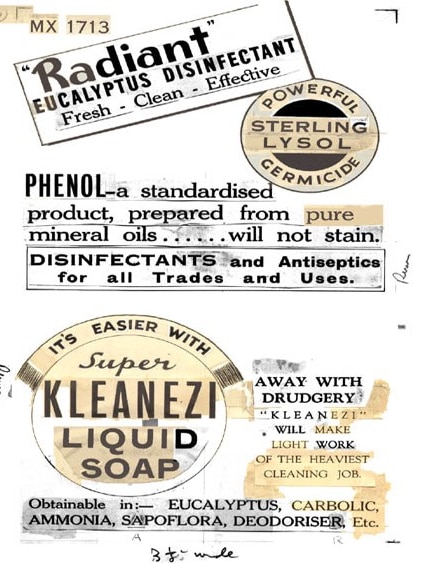 Old print advertisements for cleaning products Radiant, Lysol and Kleanezi.