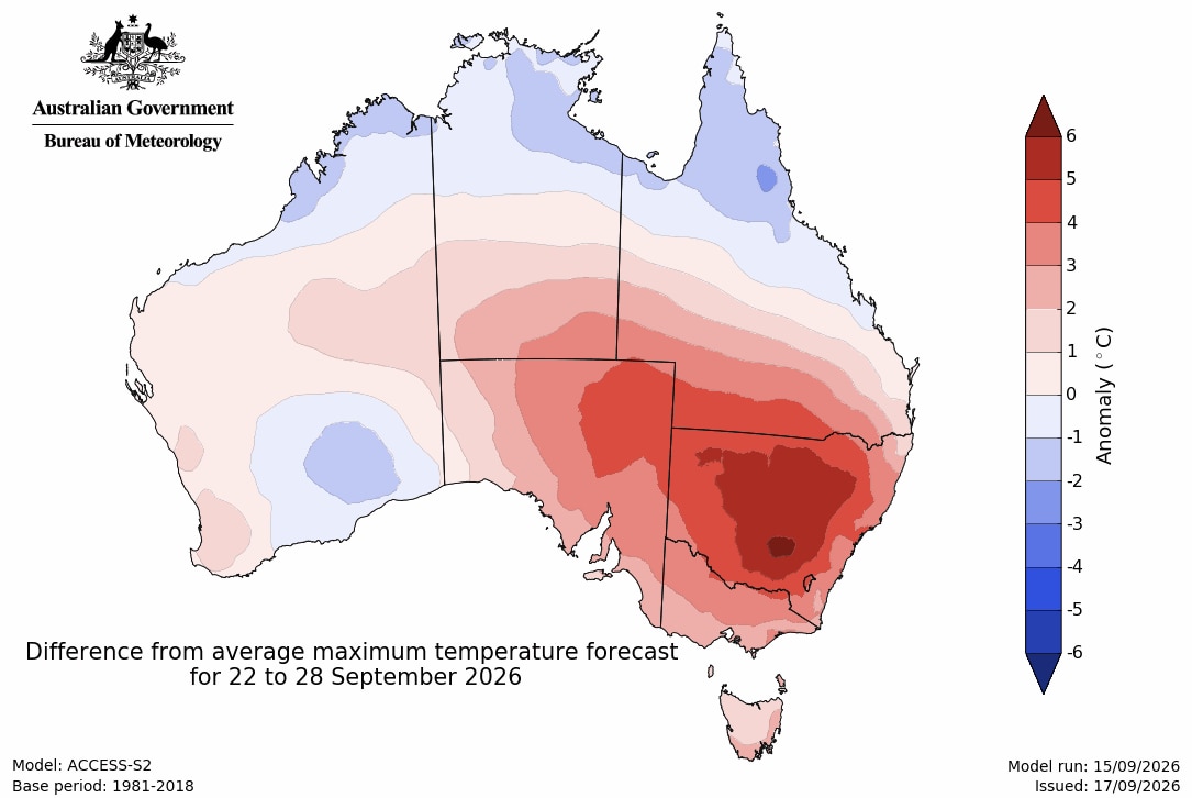 an australia weather map shows medium range outlook is tipping temperatures up to 6C average