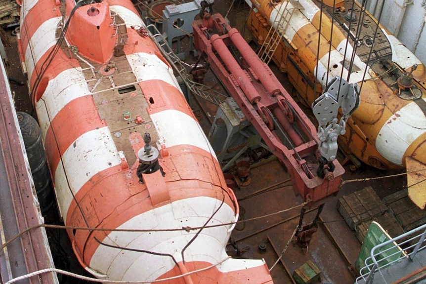 A Russian mini rescue submarine seen aboard a rescue ship.