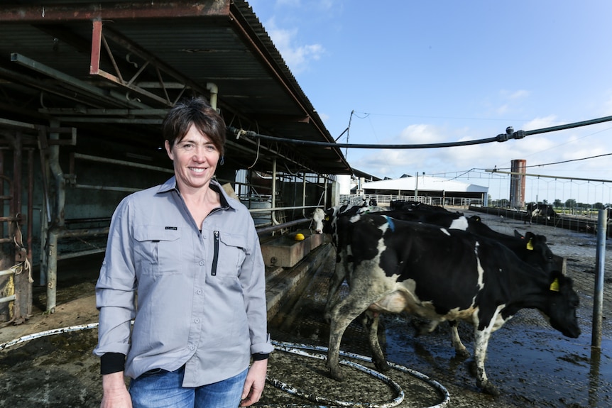 A lady in short and jeans stands inside a dairy milk processing plant.