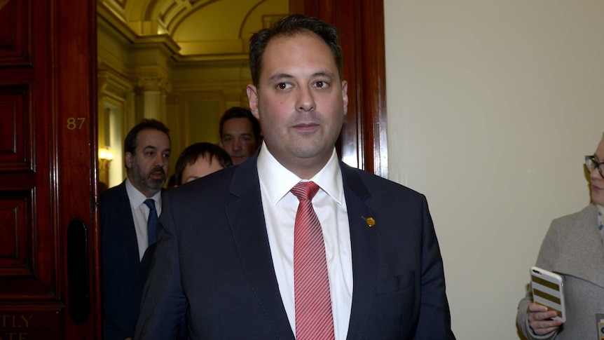 Victorian Upper House Labor MP Philip Dalidakis leaves a caucus meeting after being voted in as new Small Business Minister on July 31, 2015.