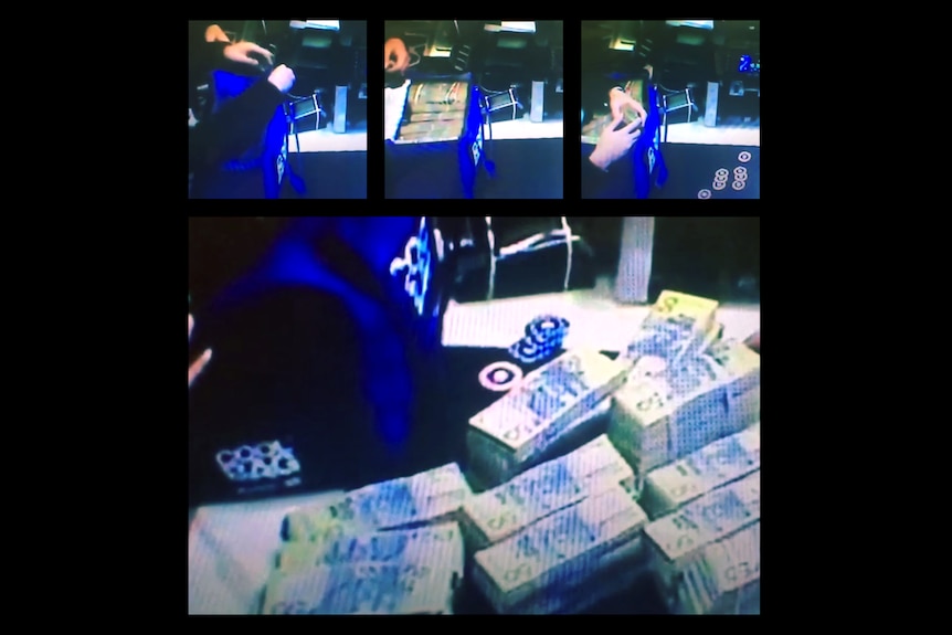 A series of images showing large stacks of $50 notes being removed from a blue cooler bag.