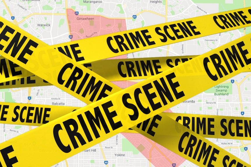 A Google map of Perth's north showing an area highlighted red, covered with lengths of tape saying "crime scene"