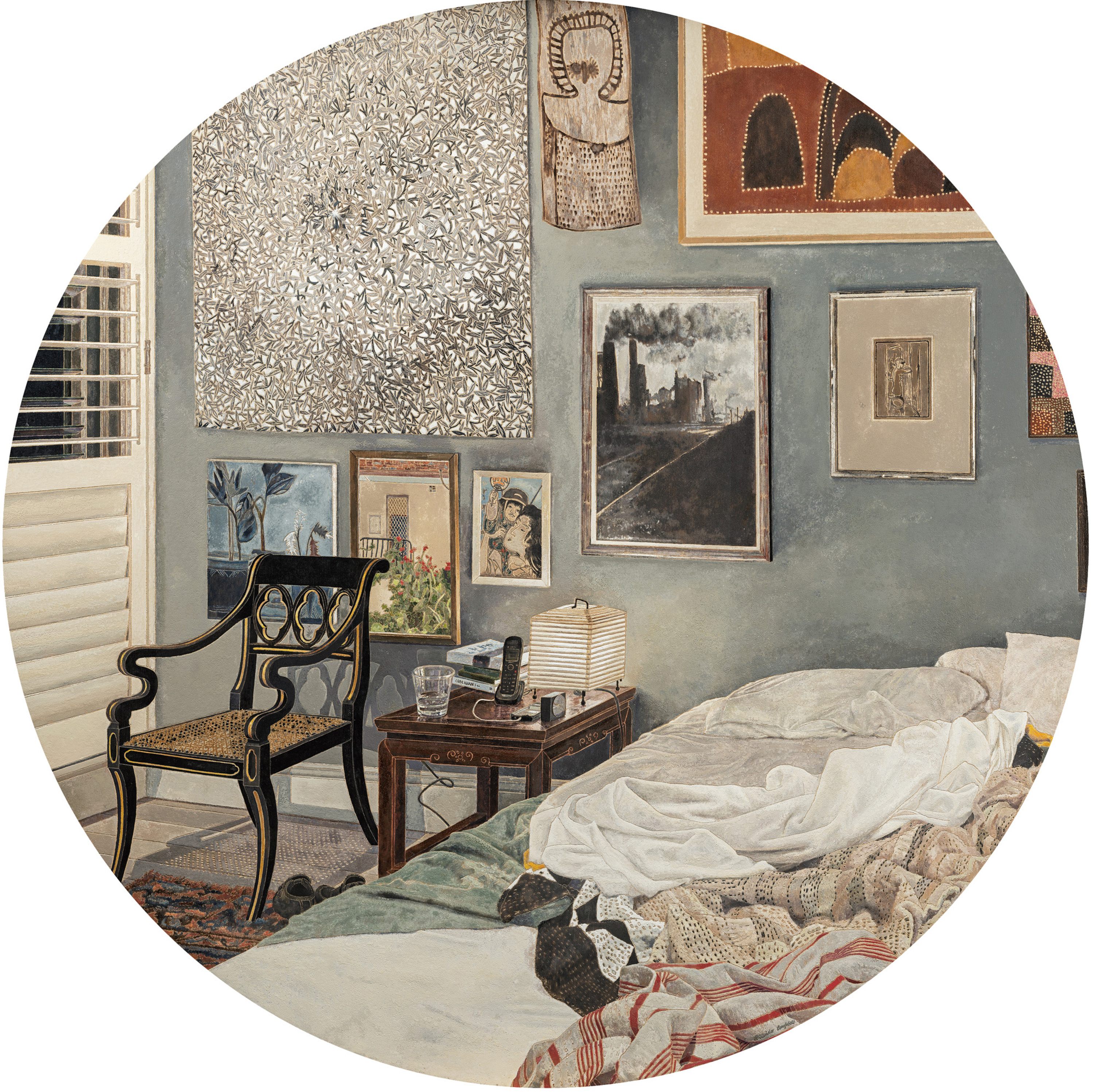 A circular painting of a bedroom, including a fallen bed, nightstand, chair and a wall covered in art