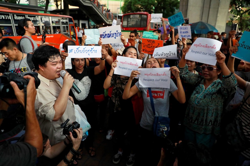Activists protest election results in Bangkok, Thailand.