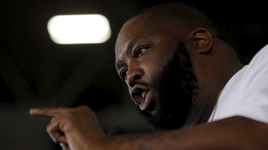 Close-up of Killer Mike speaking and pointing his finger