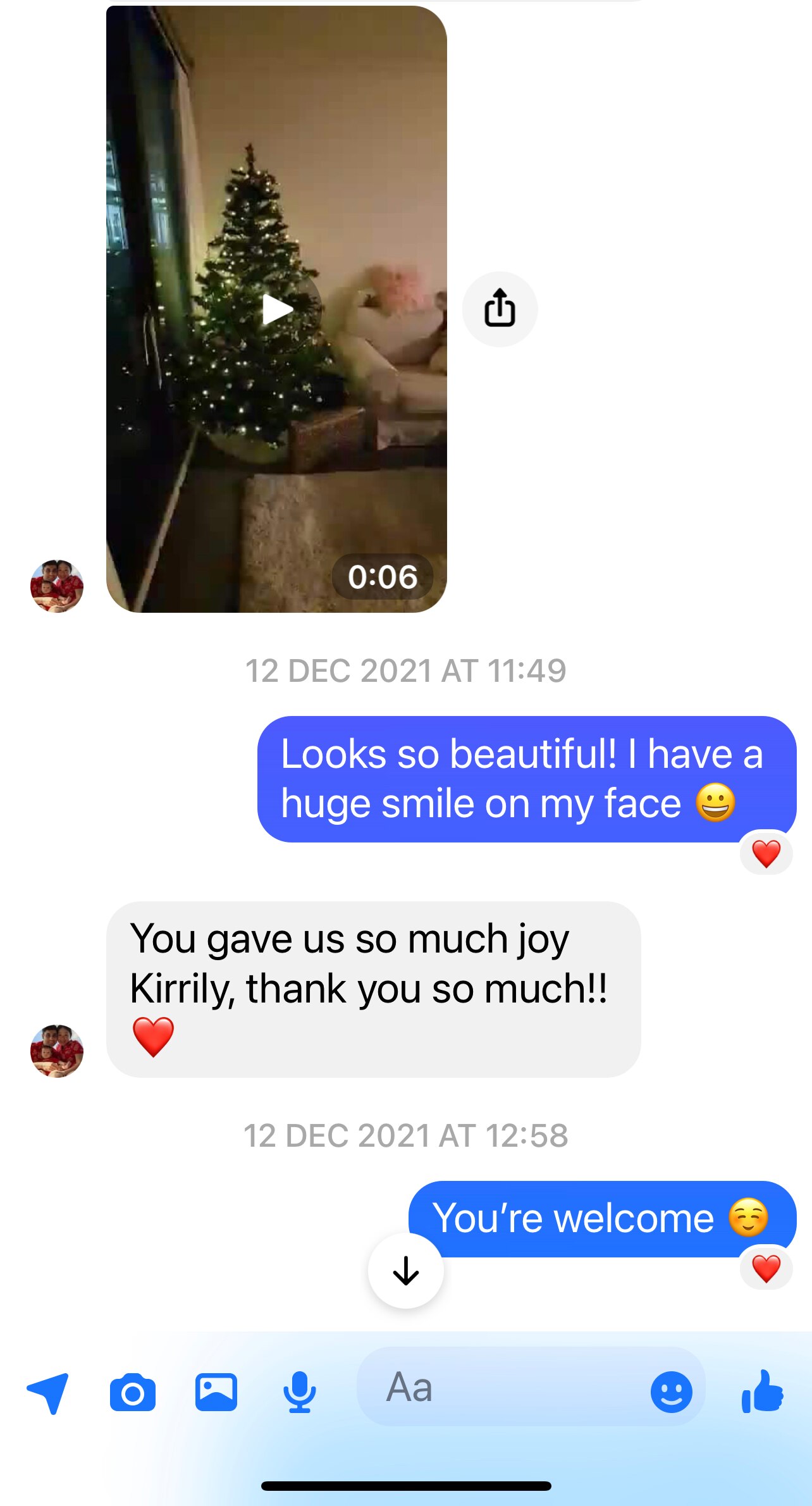 A screenshot shows a thankyou message sent to Kirrily, who gifted a Christmas tree through a buy-nothing group.
