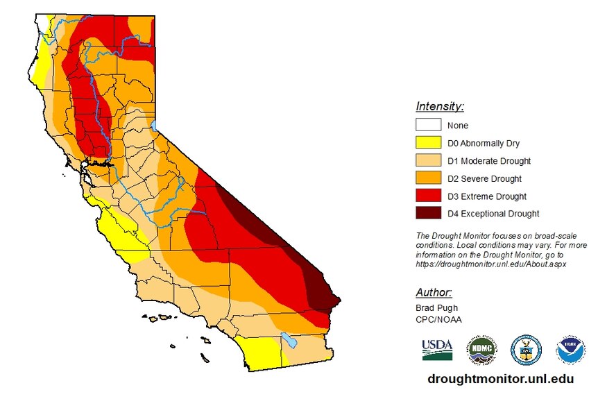 A map showing a small part of California in exceptional drought