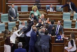 a group of politicians pile on and shove eachother in parliament. 