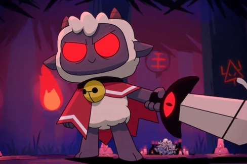Demonic animated lamb with red eyes and cape wields a sword in a purple dungeon-like space.