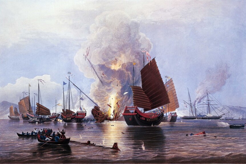 An illustration shows British ships destroying an enemy fleet in Canton, 1841, during the first Opium War.