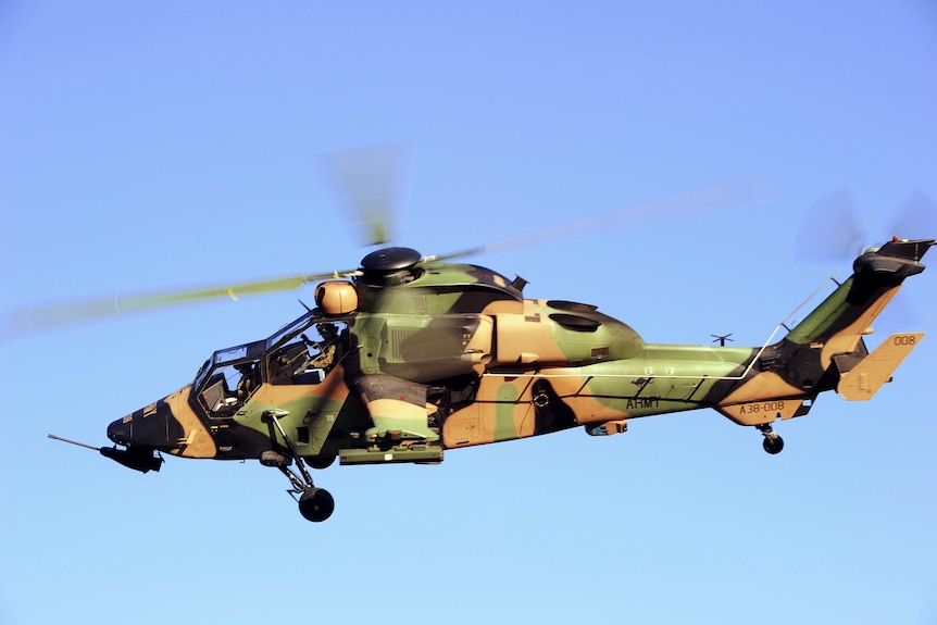 An Australian Army Tiger Armed Reconnaissance helicopter in flight.