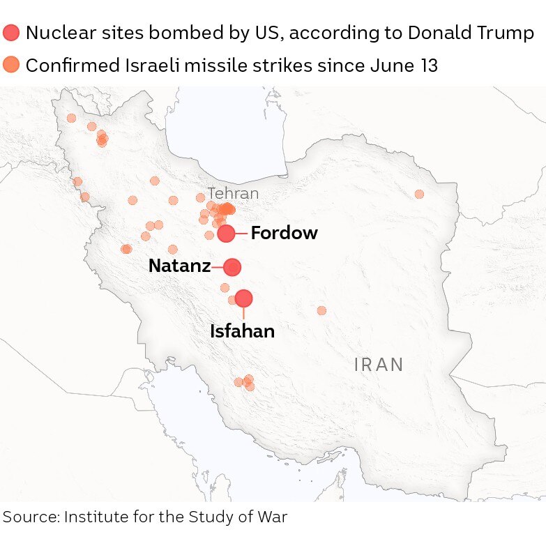 A map of Iran, showing locations of Israeli strikes since June 13, and highlighted nuclear sites bombed by the US 