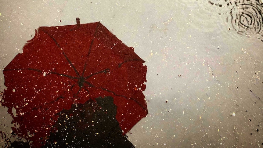 Reflection of a red umbrella in the rain