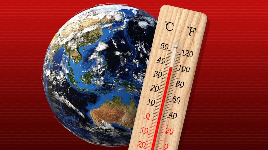 Collage of the earth and a thermometer showing nearly 40 degrees Celsius.