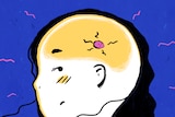 An illustration of a persons head with a small pink creature inside representing the amygdala